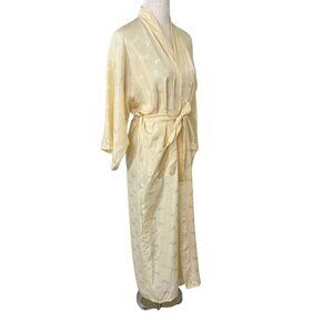 Lyre Bird Chinese Cream Damask Satin Long Lounging Robe Wrap Style Size S